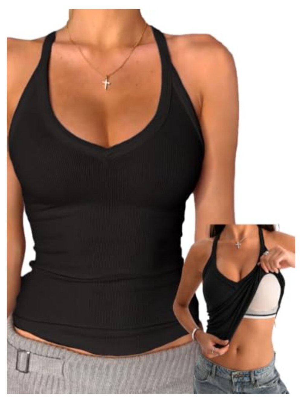 Women's Tank Top with Built-In Bra V-Neck Camisole Sleeveless Stretch Cotton